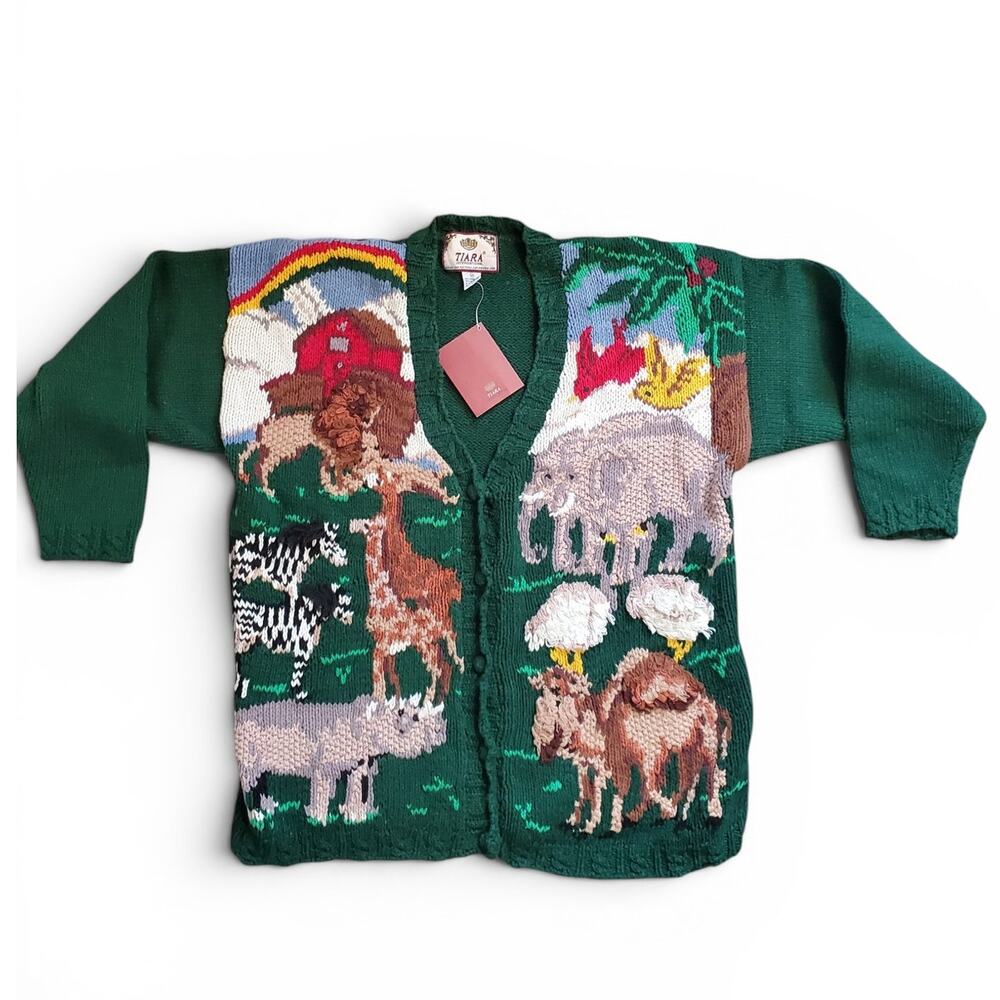 Vintage Noah's Ark Cardigan Sweater 90s FIsh Whale Animals Novelty Embroidered